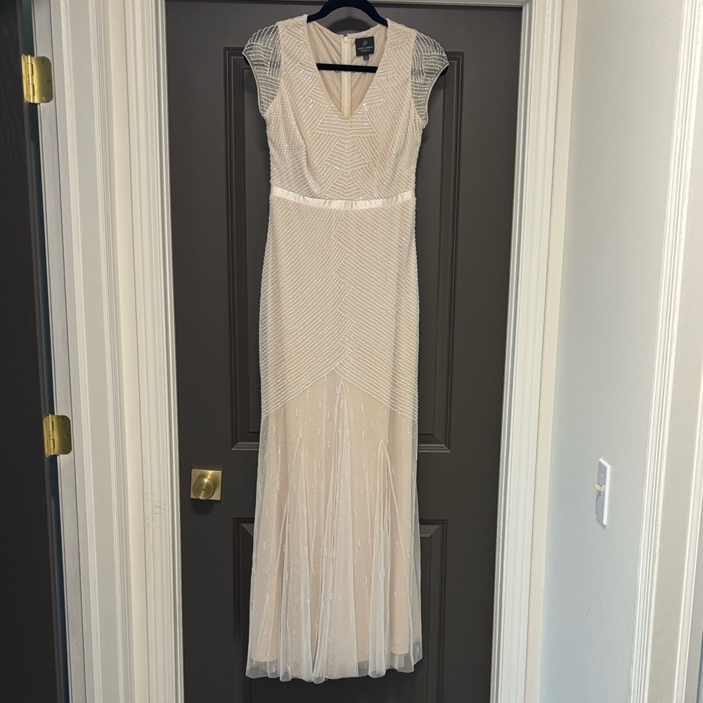 Adrianna Papell Cream Beaded Cap-Sleeve Evening Gown